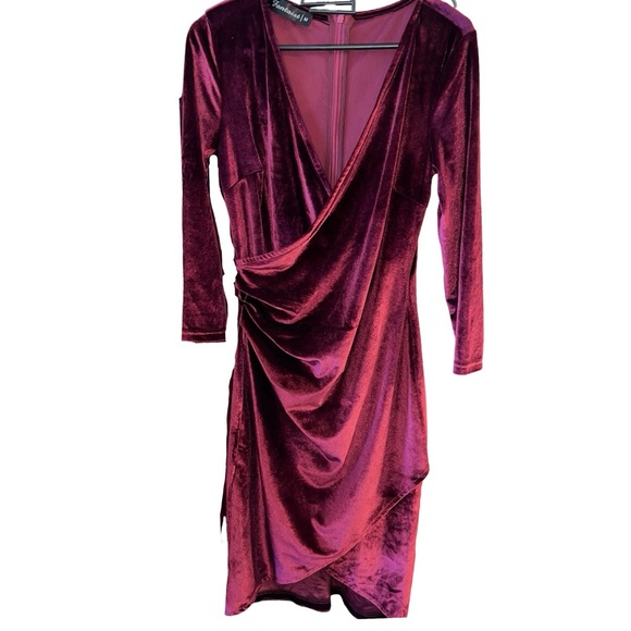 Burgundy Velvet Wrap Dress - Picture 3 of 3
